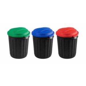 60L Dust Bin - Plastic - Black Bin With Coloured Lids - Set of 3