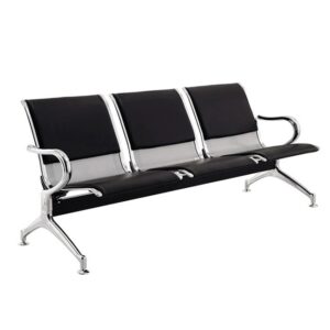 Airport Bench - Indoor Waiting Room Seat - Chrome - Upholstered - Three Seater - Flat Pack - 185 x 67 x 82 cm - PC03A-black